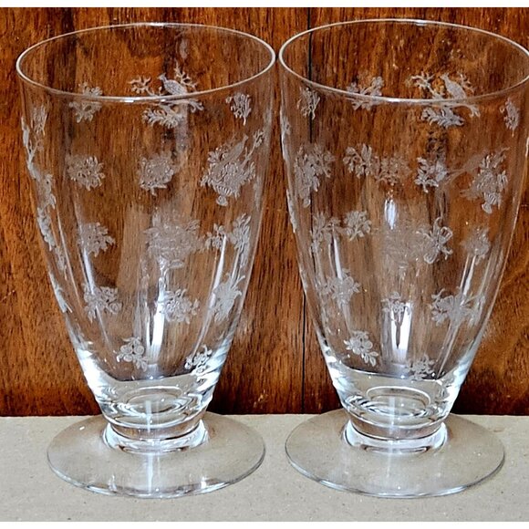 Heisey Chintz Etched Ice Tea Glasses 5.5” vintage bird butterfly floral 4piece - Picture 9 of 11